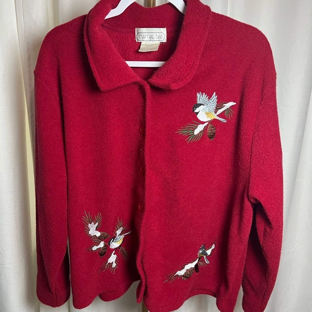 Mandal Bay Cherry Red Embroidered Cardigan Sweater